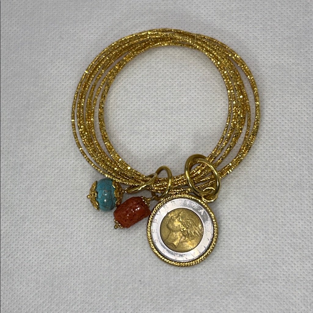 Nwot Ten Bangle Gold Plated Bronze Bangle Italian Coin & Stone Dangles Bracelet
